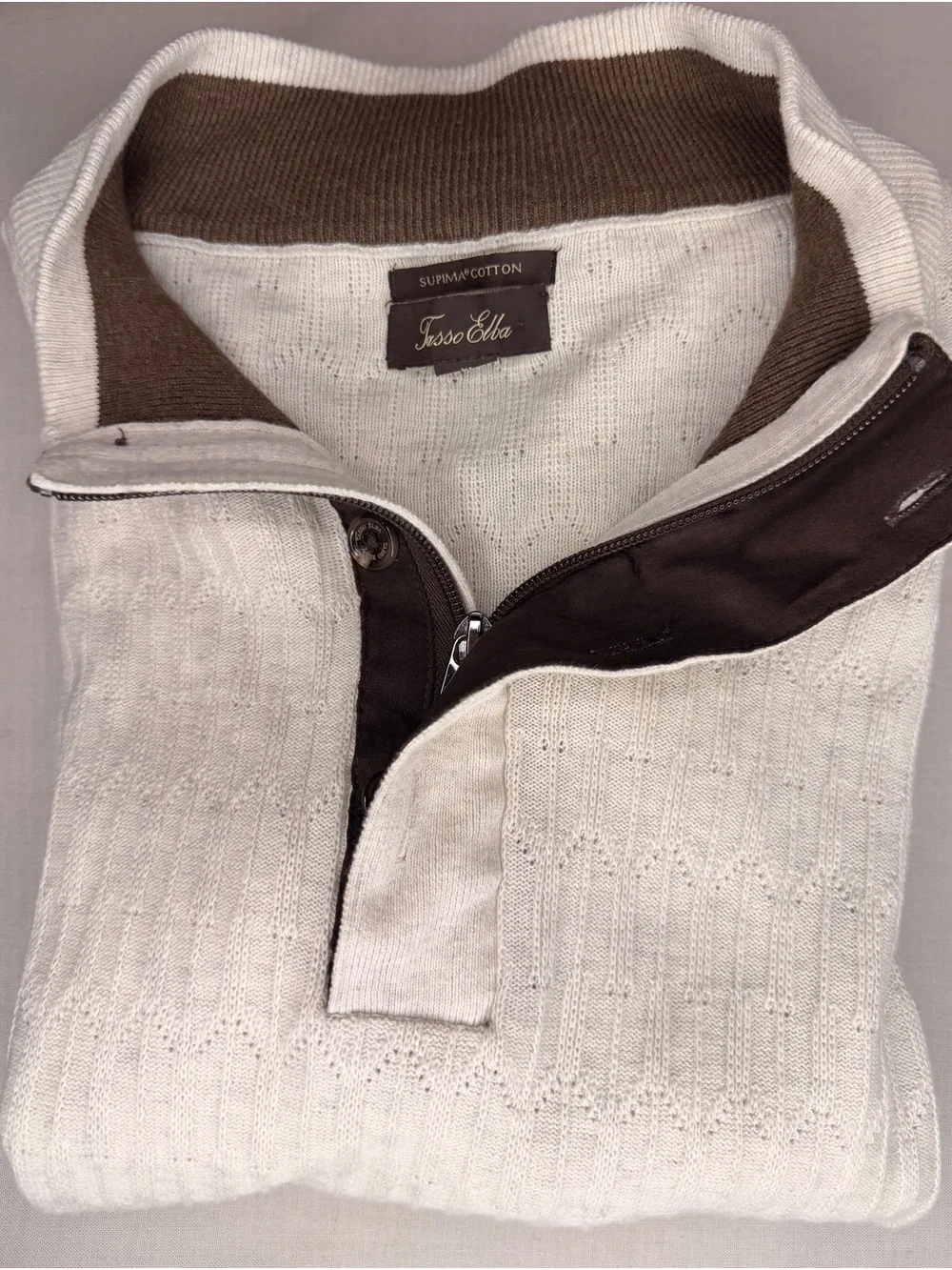 Tasso Elba Men’s Supima Cotton Cableknit Sweater - Cream with Brown Accents XL